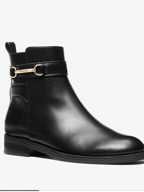 Michael Kors Black Leather Ankle Boots with Gold Hardware
